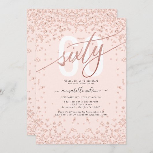 Roos Gold & Roze 60e verjaardag uitnodiging (Voorkant / Achterkant)