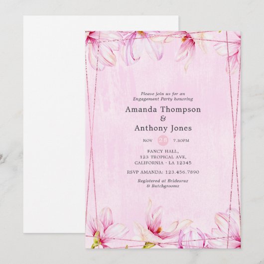 Roos Gold & Roze Floral Geometric Engagement Party Kaart (Voorkant / Achterkant)