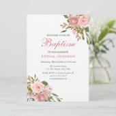 Roos Gold & Roze Flowers Girls Baptism Invite Kaart (Staand voorkant)