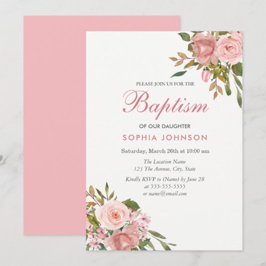 Roos Gold & Roze Flowers Girls Baptism Invite Kaart (Voorkant / Achterkant)