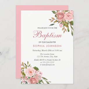 Roos Gold & Roze Flowers Girls Baptism Invite Kaart