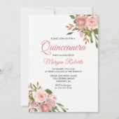 Roos Gold & Roze Flowers Quinceanera Party Invite Kaart (Voorkant)