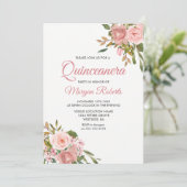 Roos Gold & Roze Flowers Quinceanera Party Invite Kaart (Staand voorkant)