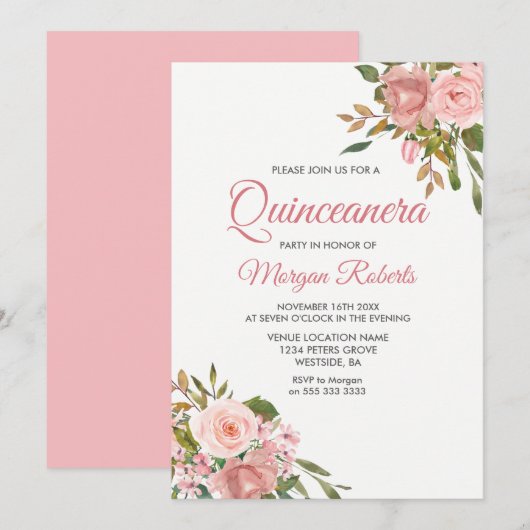 Roos Gold & Roze Flowers Quinceanera Party Invite Kaart (Voorkant / Achterkant)