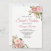 Roos Gold & Roze Flowers Sweet 16 Party Invite Kaart (Voorkant)