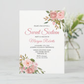 Roos Gold & Roze Flowers Sweet 16 Party Invite Kaart (Staand voorkant)