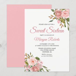 Roos Gold & Roze Flowers Sweet 16 Party Invite Kaart
