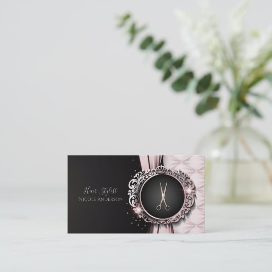 Roos Gold Roze & Zwart Luxe Haarstylist Visitekaartje (Staand voorkant)