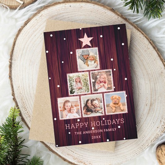 Roos Gold Rustic Country Wood Kerstmis - Boom Feestdagenkaart