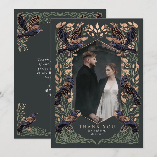 Roos Gold Sage Betoverde Gotische Raven Wedding Bedankkaart (Voorkant / Achterkant)
