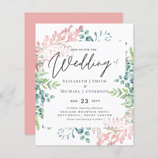 Roos Gold Sage Green Eucalyptus Greenery Invites (Voorkant / Achterkant)