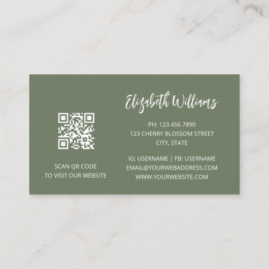 Roos Gold Sage Green Line Art Floral | QR-code Visitekaartje (Achterkant)