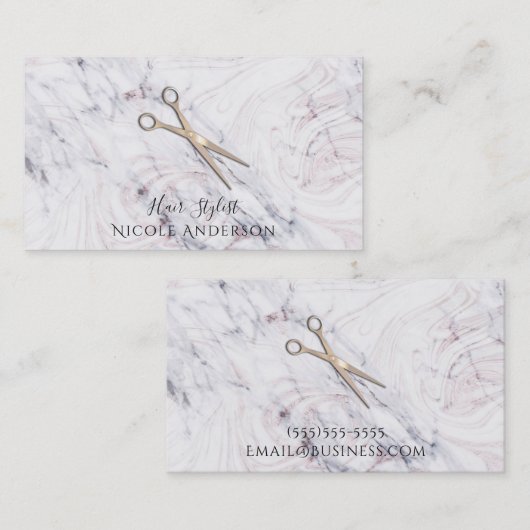 Roos Gold Salon Hair Stylist Scissors & Marble Visitekaartje (Voorkant / Achterkant)