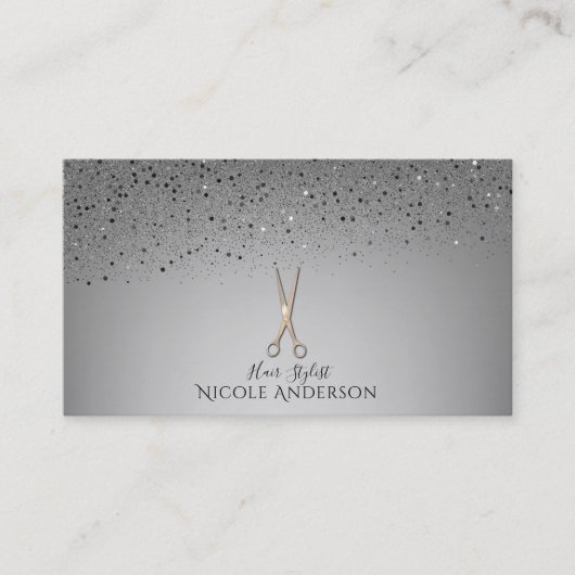 Roos Gold Salon Stylist Schaar Grijs Glitter Visitekaartje (Voorkant)