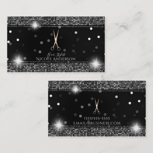 Roos Gold Salon Stylist Scissors Silver Sequin Visitekaartje (Voorkant / Achterkant)