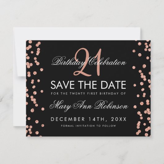 Roos Gold Save Date 21st Birthday Confetti Black Save The Date (Voorkant)