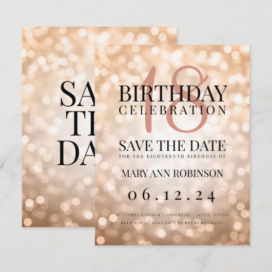 Roos Gold Save the Date 18th Birthday Party (Voorkant / Achterkant)
