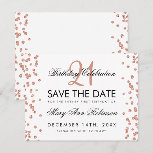 Roos Gold Save the Date 21st Birthday Confetti (Voorkant / Achterkant)