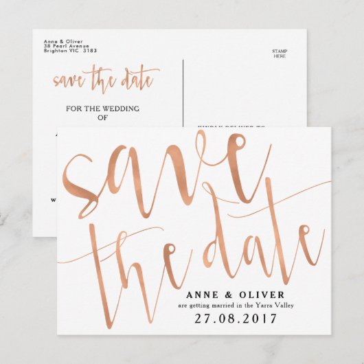 Roos Gold Save the Date Briefkaart Rustic (Voorkant / Achterkant)