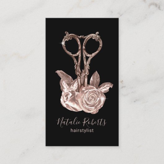Roos Gold Scissor & Flowers Hair Stylist Salon Visitekaartje (Voorkant)