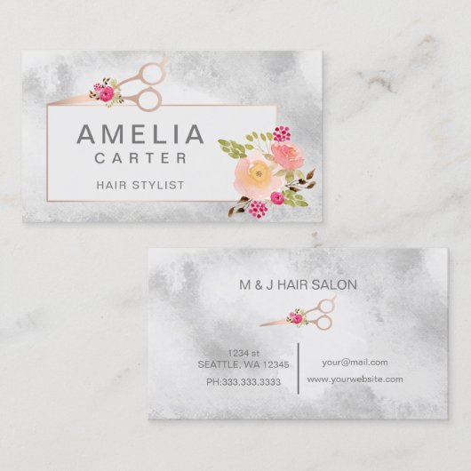 roos Gold Scissors Floral Hair Stylist Salon Visitekaartje (Voorkant / Achterkant)