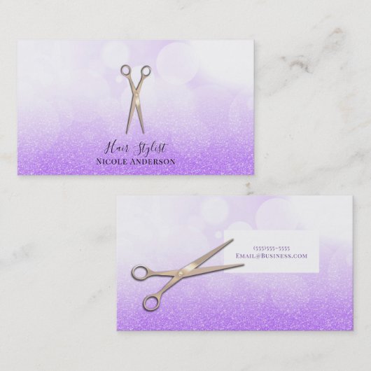 Roos Gold Scissors Paarse Glitter Hair Stylist Visitekaartje (Voorkant / Achterkant)