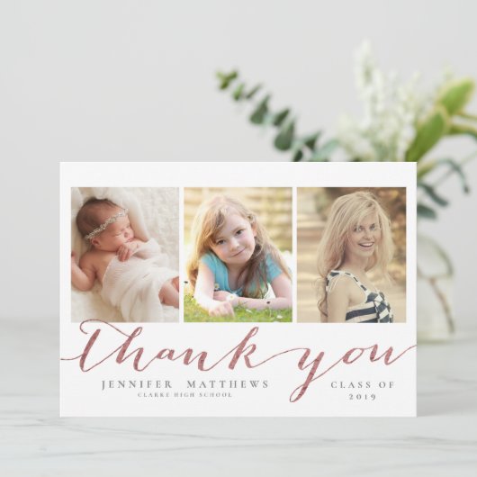 Roos Gold Script 3 Foto Afstuderen Hartelijk dank Bedankkaart (Staand voorkant)