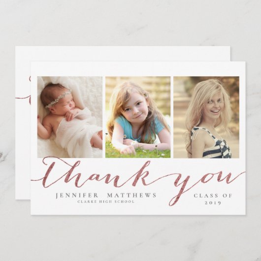 Roos Gold Script 3 Foto Afstuderen Hartelijk dank Bedankkaart (Voorkant / Achterkant)