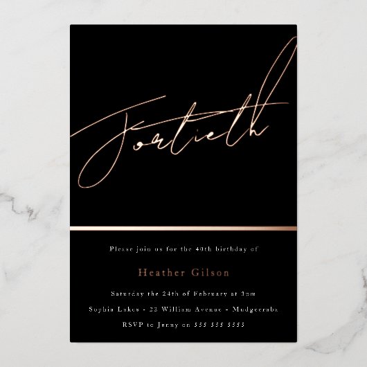 Roos Gold Script 40th Birthday Party Folie Uitnodiging (Voorkant)