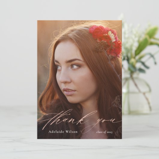 Roos Gold Script Afstuderen Hartelijk dank met fot Bedankkaart (Staand voorkant)