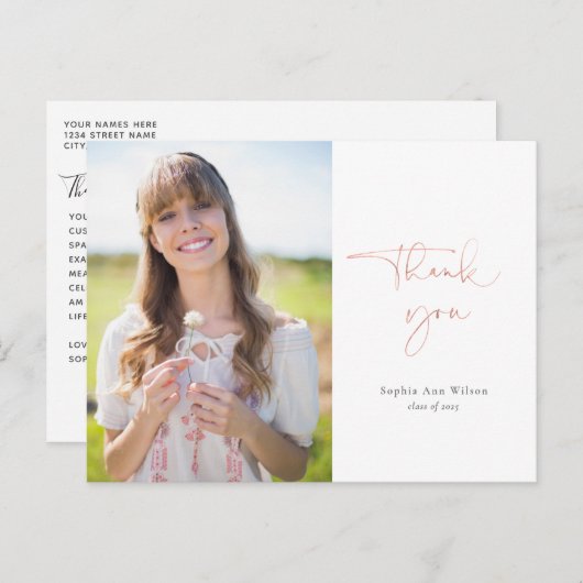 Roos Gold Script Afstuderen Hartelijk dank met fot Briefkaart (Voorkant / Achterkant)