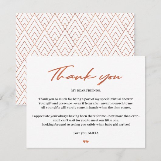 Roos Gold Script baby Virtual Shower Bedankt (Voorkant / Achterkant)