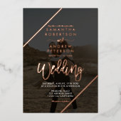 Roos Gold script bijt chic bruiloft 2 foto's Folie Uitnodiging (Voorkant)