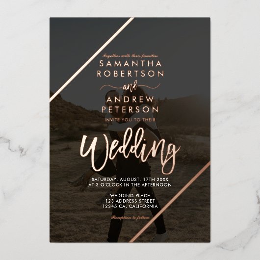 Roos Gold script bijt chic bruiloft 2 foto's Folie Uitnodiging (Voorkant)