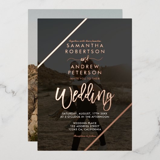 Roos Gold script bijt chic bruiloft 2 foto's Folie Uitnodiging (Voorkant / Achterkant)