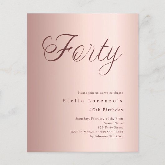 Roos Gold Script budget 40e verjaardagsuitnodiging (Voorkant)