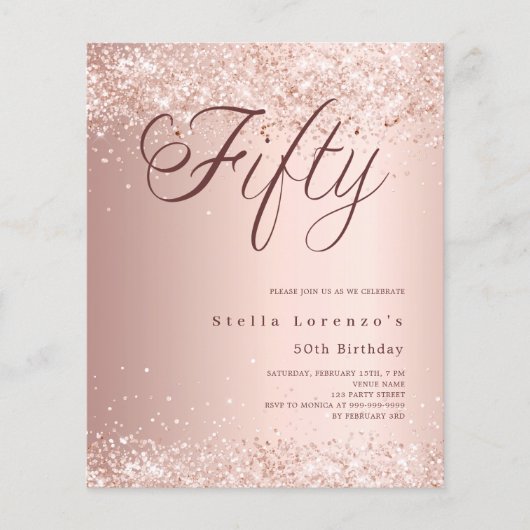 Roos Gold Script budget 50e verjaardagsuitnodiging (Voorkant)