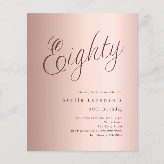 Roos Gold Script budget 80e verjaardagsuitnodiging (Voorkant)