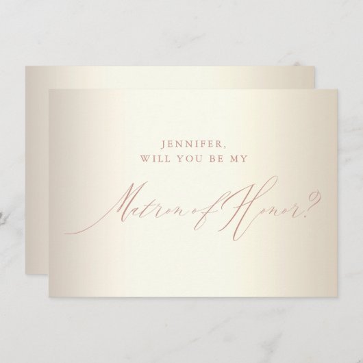 Roos Gold Script Champagne Matron of Honor Kaart (Voorkant / Achterkant)