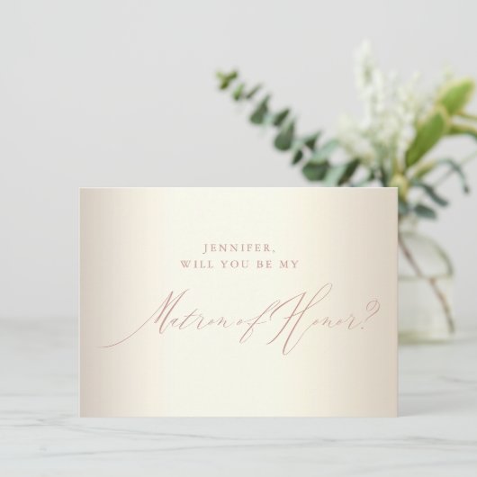 Roos Gold Script Champagne Matron of Honor Kaart (Staand voorkant)