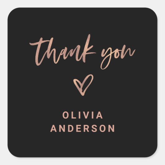 Roos Gold Script en Heart On Black | Dank je Vierkante Sticker (Voorkant)