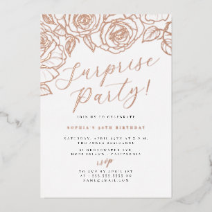 Roos Gold Script Floral Surprise Party Folie Uitnodiging