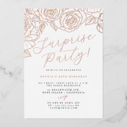 Roos Gold Script Floral Surprise Party Folie Uitnodiging (Voorkant)