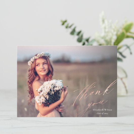  Roos Gold Script Foto Afstuderen Hartelijk dank Bedankkaart (Staand voorkant)