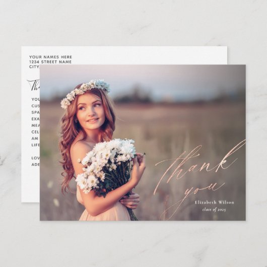  Roos Gold Script Foto Afstuderen Hartelijk dank Briefkaart (Voorkant / Achterkant)