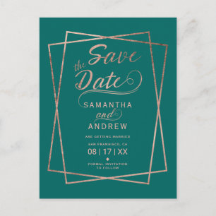 Roos Gold Script Geometrisch groen Save the date Aankondigingskaart