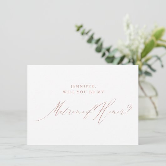 Roos Gold Script Metallic Matron of Honor Kaart (Staand voorkant)