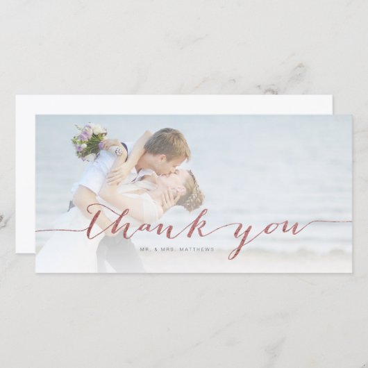 Roos Gold Script Minimal Wedding Foto Dank u Bedankkaart (Voorkant / Achterkant)