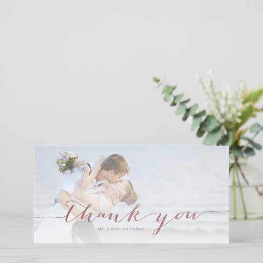 Roos Gold Script Minimal Wedding Foto Dank u Bedankkaart (Staand voorkant)
