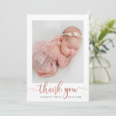 Roos Gold Script minimalistisch Baby foto dank u Bedankkaart (Staand voorkant)